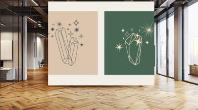 Line art crystals and radiance, magical boho meditation concept. A set of multi-colored posters. Minimalistic style, sketch for a tattoo. Wall mural