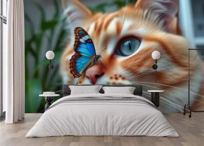 A cat is looking at a blue butterfly that is resting on its nose Wall mural