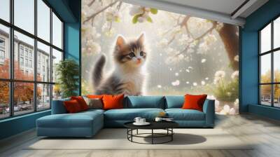 A cute kitten is sitting on ground in front tree with pink flowers Wall mural