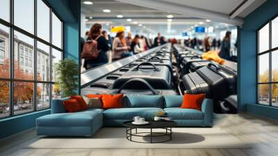 A group of people are waiting in line to check in their luggage at an airport Wall mural