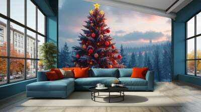 A large Christmas tree with red and gold ornaments Wall mural