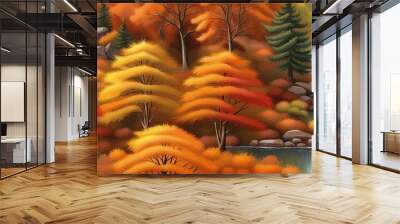 Autumn forest banner. Autumnal nature landscape, yellow forests trees and woodland fall leaves. October foliage fall autumnal scene, september park tree and river . Generative AI Technology Wall mural