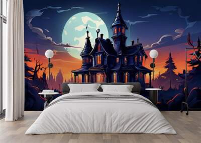 creepy house with a large moon in the background Wall mural