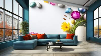 Easter holiday background with easter eggs and tulip flowers with copy space Wall mural