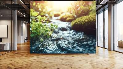 Gentle light spring illuminates slowly flowing stream, and scenery spring where young grasses and sprouts begin to grow, concept protecting nature and awakening nature Wall mural