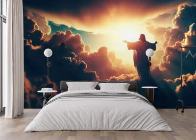 Jesus back in the sky with clouds sunset Wall mural