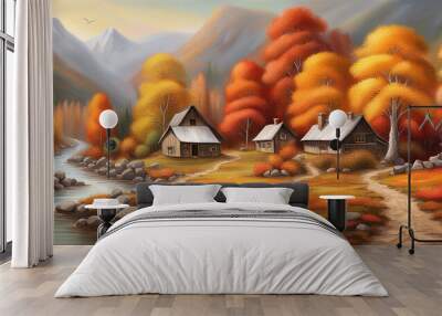 Panoramic Countryside landscape in autumn, banner autumn landscape mountains and maple trees fallen with yellow Wall mural