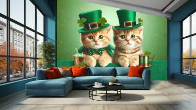 Portrait cute cat wearing green St. Patrick's day top hat and bow tie on festive background Wall mural