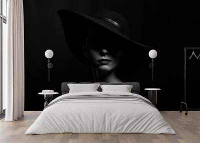 portrait of a woman in a black hat on a black background black and white photo Wall mural