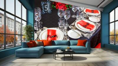 serving of the wedding table, beautiful festive decor in red Wall mural