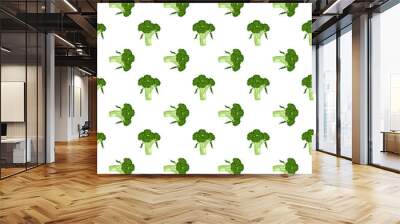 Green pattern with broccoli.Print of vegetable on white background. Food for a healthy diet. Natural product suitable for vegetarians. Vector flat illustration Wall mural