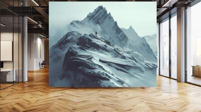 The icy winter mountains and cliffs. Concept with traveler and his ascent to the summit. A man succeeds if he does not give up. Сooling equipment, freezers and refrigerators.  Wall mural