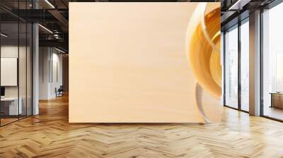 Top view of white wine in a glass on white wooden table, blurred background. Wine shop or wine tasting concept. Soft light. Copy space banner. The concept of wine tasting, tourism, wine festival. Wall mural