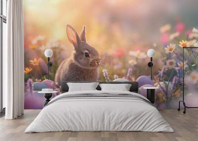 A fluffy bunny nestled among a field of wildflowers, surrounded by colorful Easter eggs. The background is a gentle spring sky with a warm sunset glow. Soft, pastel colors Wall mural