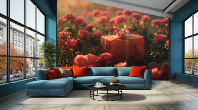 A gift box rests amid a sea of roses, their dewy petals sparkling in the gentle morning light. Wrapped in bold, vibrant colors, the present stands out elegantly against the delicate beauty  Wall mural