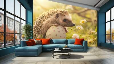 A hedgehog cuddling a large Easter egg, surrounded by delicate flowers and green grass. The background is a peaceful meadow with soft sunlight filtering through. Adorable and detailed Wall mural