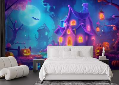 A pastel-colored haunted house, with glowing windows and pumpkins lining the pathway. The background is a bright, enchanted forest with colorful, whimsical trees and floating lanterns. Wall mural