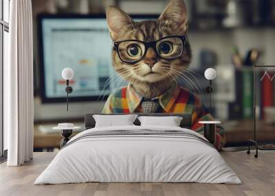 A photograph of an anthropomorphic cat working in an office, wearing glasses and a tie, sitting at a desk with a computer screen behind them. The cat has white paws, a cute expression on their face Wall mural