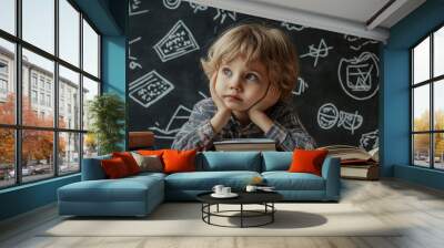 A thoughtful young boy sitting in a classroom with a chalkboard background, contemplating while holding his head.
 Wall mural