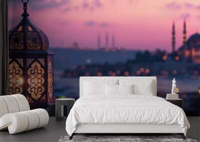 Cover, view of Istanbul, Turkey. With Turkish lantern, washes, lights. Cover for advertisement, salon, spa, invitation, brochure. Oriental concept.  Wall mural