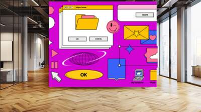 Vaporwave Desktop. Template different Screens on an old retro PC in the y2k style. illustration of chat messenger, media player, button, internet draw in 90s style in pink background. Vector Wallpaper Wall mural