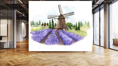 Watercolor landscape of Provence. Hand-drawn lavender fields and old mill. It can be used for card, postcard, cover, invitation. Wall mural