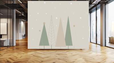 minimalistic Christmas trees on a beige background with snowflakes. Postcard, banner, print, vector. Wall mural