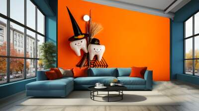 Happy halloween.dental concept.spider web pumpkin.dental tools on orange Wall mural