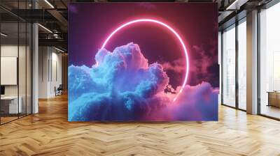 3d render, abstract cloud illuminated with neon light ring on dark night sky. Glowing geometric shape, round frame Wall mural