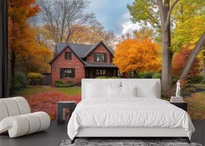 A brick and wood suburban home backyard garden with colorful autumn trees Wall mural