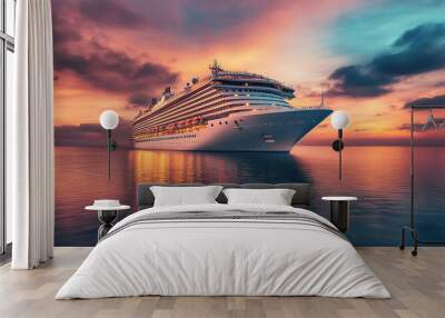 A cruise ship lit warmly against a twilight backdrop, reflecting beautifully on the tranquil ocean waters. Wall mural