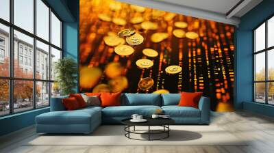 Abstract digital gold coins falling through a binary code background Wall mural