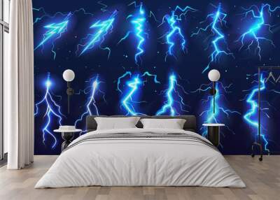 Cartoon lightning animation. Animated frames of electric strike, magic electricity hit and thunderbolt effect vector illustration set. Game asset collection of blue glowing storm bolts Wall mural