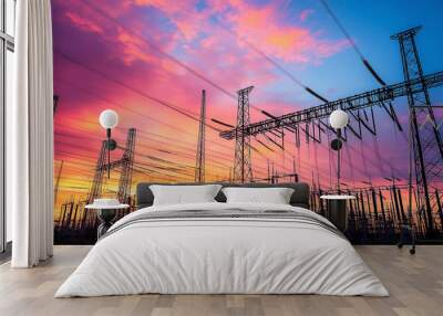 Electrical power substation at sunset. The image displays a detailed close-up of switchgear and transmission towers against a vivid sky, symbolizing energy infrastructure and power distribution Wall mural