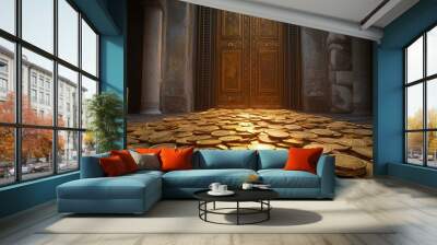 Golden coins covering floor leading to majestic doorway Wall mural