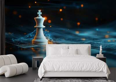 Leader with brain and ideas can make an impact and different on the digital world concept White chess king with blur graphic Binary Data computer Number network on blue dark background Wall mural