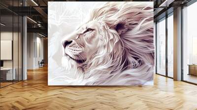 male lion with big shaggy mane illustration hand drawn pencil sketch in black isolated on white background nature clip art detailed drawing of single lion standing big cat from africa Wall mural