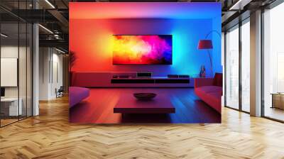 Modern room design with a large flat screen TV and a colorful image.Modern room Wall mural