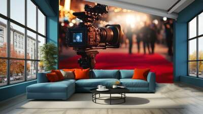 Professional digital video camera on a tripod recording a movie premiere or award ceremony, with blurred cameramen and photographers in the background Wall mural