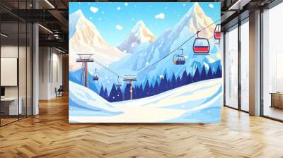 Ski resort landscape posters set. Snowy peaks of mountains. Ski elevators. Winter sport travel adventure and holidays concept. Flat cartoon minimalism vector illustration Wall mural