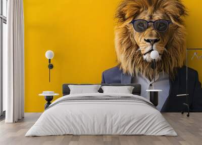 Stylish lion in suit and sunglasses on yellow background Wall mural