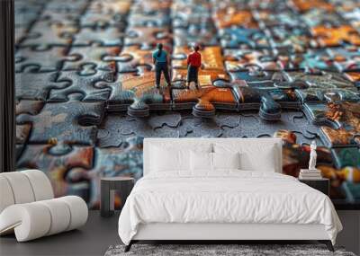 teamwork and collaboration concept. wooden big jigsaw puzzles surroundign with business people, conc Wall mural