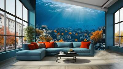 Underwater coral reef landscape wide panorama background in the deep blue ocean with colorful fish and marine life Wall mural