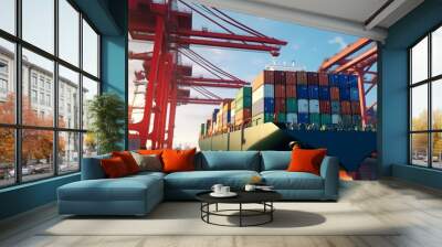 vibrant and busy cargo port with ships, cranes, and containers ai generative Wall mural