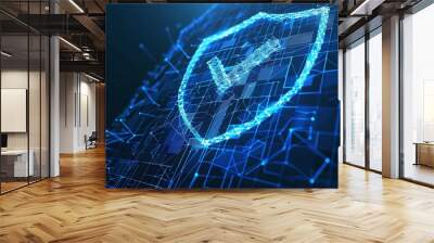 Visualizing a secure cybersecurity symbol: A dark blue wireframe shield adorned with a checkmark emblem, symbolizing robust protection and verified security measures Wall mural