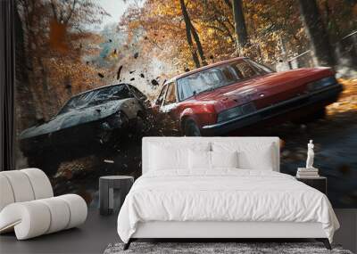 wide angle cinematic scene with the two cars smashing into each other's Wall mural