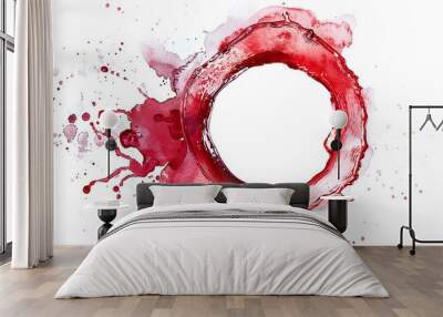 Wine stain red watercolor glass mark ring circle isolated drink background drop white alcohol. Red stain stamp spot paper wine splash cup texture splatter spill water round art winery blot trace. Wall mural