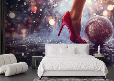 Woman feet in shiny luxury stilettos heels step on a silver sparkling disco ball on dark ball stage background with copy space, concept of party queen Wall mural