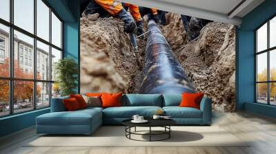 Workers install underground pipes for water, sewerage electricity and fiber optics for the population of an urban center. Construction of drinking water plumbing pipeline repair in spring time concept Wall mural