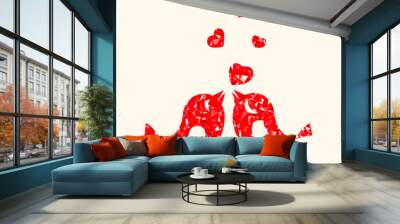  two red birds with small hearts on a light background of warm hue Wall mural